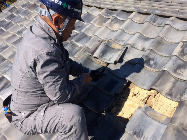 瓦調査中の杉本社長